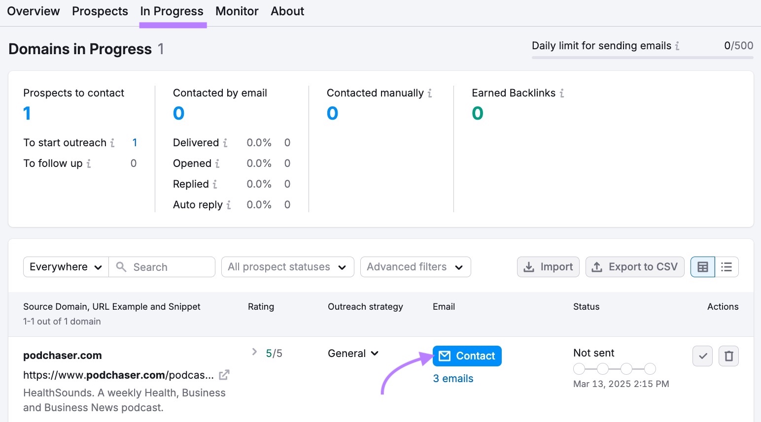 In Progress tab on the Link Building tool with “Contact” next to a prospect clicked.